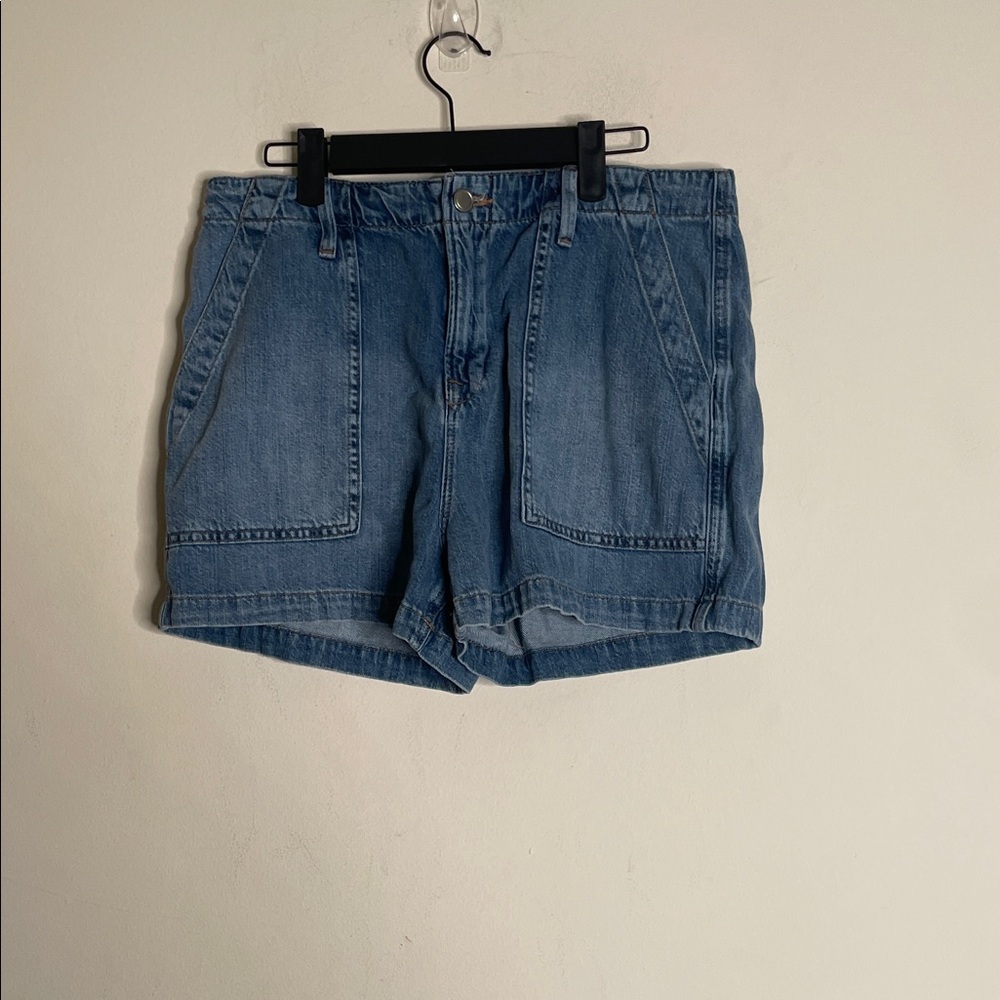 Good American Medium Blue High-Rise Utility Jean Shorts